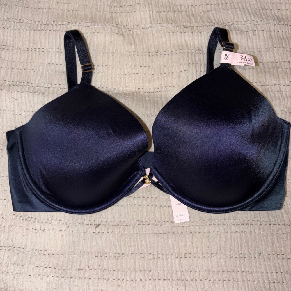 Victoria's Secret Very Sexy Low Cut Demi Bra 34DD Navy Blue Satin Lightly Lined